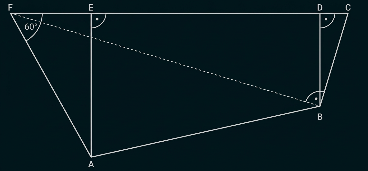Geometrische Zeichnung mit den Punkten A bis F, mehreren Strecken, Winkeln und einer gestrichelten Verbindungslinie.